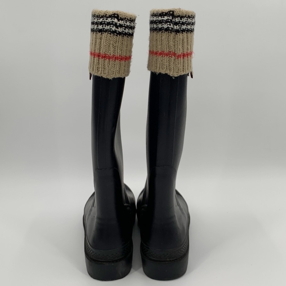 BURBERRY LONDON CLASSIC CHECK PLAID LOGO BLACK RUBBER TALL KNIT RAIN BOOTS - Picture 8 of 8
